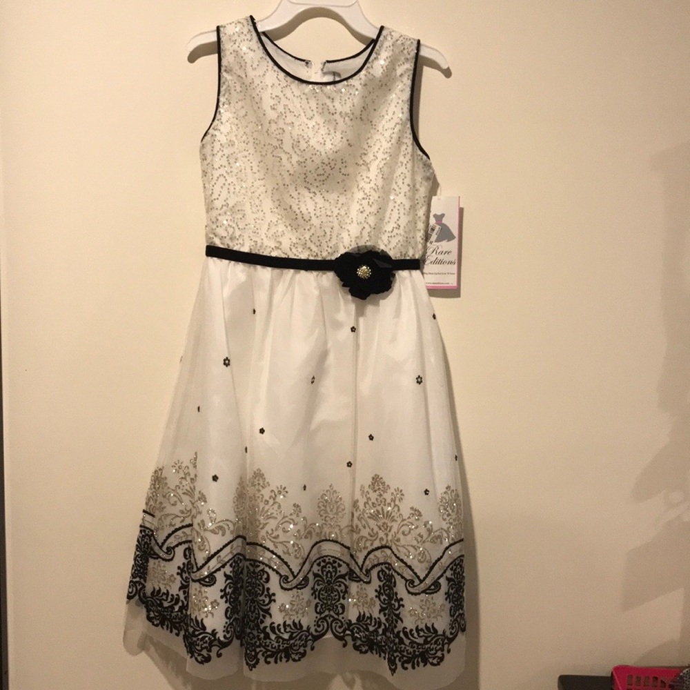 Rare Editions Girls White Dress with Black Ribbon